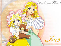 Rule 34 | 00s, 2girls, age progression, blonde hair, blue eyes, bow, character name, dress, dual persona, earrings, frills, gloves, hair bow, happy, iris chateaubriand, jean-paul, jean paul, jewelry, multiple girls, non-web source, official art, official wallpaper, aged up, open mouth, pink bow, purple eyes, sakura taisen, stuffed animal, stuffed toy, teddy bear, time paradox, wallpaper