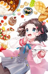 Rule 34 | 1girl, absurdres, animal crackers, baguette, black hair, blue dress, blue eyes, blush, bread, buttons, cupcake, curry, curry rice, dress, drooling, egg (food), food, french fries, fruit, grapes, gummy bear, highres, holding, holding spoon, jacket, kurihara sakura, long sleeves, macaron, medium hair, melon bread, mouth drool, open mouth, original, pantyhose, pink ribbon, pizza, plate, ribbon, rice, sailor collar, simple background, solo, spoon, striped clothes, striped dress, tomato, white background, white sailor collar