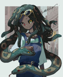 Rule 34 | 1girl, animal, aqua pupils, arm at side, belt, black choker, black sclera, blue belt, blue overalls, bright pupils, choker, closed mouth, colored sclera, commentary request, cowboy shot, dark-skinned female, dark skin, eyewear on head, green hair, green nails, green sclera, green shirt, hand on animal, heterochromia, highres, long hair, looking at viewer, loose clothes, loose shirt, monster girl, nail polish, original, ototoi (eevees813), outside border, overalls, petting, pointy ears, red eyes, shirt, signature, smile, snake, snake hair, solo, very dark skin, very long hair, white pupils, yellow eyes