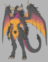 Rule 34 | 1girl, absurdres, alternate hair color, black hair, black sclera, black skin, breasts, claws, colored sclera, colored skin, digitigrade, dragon girl, dragon horns, dragon tail, dragon wings, exaxuxer, excessive pubic hair, female pubic hair, full body, furry, furry female, grey background, highres, horns, large breasts, long hair, monster girl, monster hunter, monster hunter: world, monster hunter (series), multicolored skin, nergigante, orange skin, pink skin, pubic hair, scales, sharp teeth, solo, spiked tail, spiked wings, spikes, standing, tail, talons, teeth, tusks, wings, yellow eyes