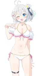 Rule 34 | .live, 1girl, ahoge, alternate costume, bikini, blue eyes, breasts, cleavage, collarbone, grey hair, hair ornament, highres, jewelry, medium breasts, navel, necklace, one eye closed, simple background, sincos, dennou shoujo siro, solo, swimsuit, virtual youtuber, white background