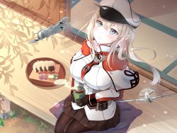 Rule 34 | 1girl, aircraft, airplane, black gloves, black pantyhose, blonde hair, blue eyes, blush, breasts, capelet, coffee, cross, cup, day, floating hair, gloves, graf zeppelin (kancolle), hair between eyes, hat, holding, holding cup, impossible clothes, jacket, kantai collection, large breasts, long hair, looking up, military, military uniform, miniskirt, necktie, nekoshima yui, outdoors, pantyhose, parted lips, peaked cap, pleated skirt, sidelocks, sitting, skirt, solo, steam, tsurime, twintails, uniform, wind, wind lift