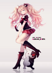 Rule 34 | 10s, 1girl, blue eyes, boots, cross-laced footwear, danganronpa (series), danganronpa: trigger happy havoc, enoshima junko, grin, hair ornament, high heel boots, high heels, lace-up boots, legs, monokuma, necktie, pink hair, smile, solo, spoilers, thighs, twintails, vienri