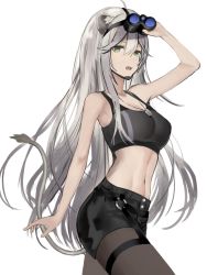 Rule 34 | 1girl, animal ears, black shorts, breasts, cowboy shot, crop top, dog tags, green eyes, highres, hololive, karanashi noma, large breasts, lion ears, lion girl, lion tail, long hair, looking at viewer, midriff, navel, night-vision device, official alternate costume, pantyhose, shirt, shishiro botan, shishiro botan (button-down), short shorts, shorts, silver hair, simple background, sleeveless, sleeveless shirt, solo, stomach, tail, thigh strap, virtual youtuber, white background