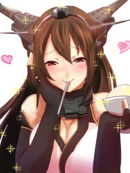 Rule 34 | 10s, 1girl, bare shoulders, breasts, brown eyes, brown hair, cleavage, dearmybrothers, elbow gloves, fingerless gloves, gloves, happy, heart, kantai collection, large breasts, long hair, looking at viewer, nagato (kancolle), simple background, smile, solo, sparkle, utensil in mouth