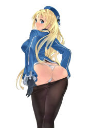 Rule 34 | 1girl, absurdres, ass, atago (kancolle), back, beret, blonde hair, blush, bow, bow panties, breasts, closed mouth, clothes pull, detached sleeves, from behind, gloves, hat, highres, kantai collection, long hair, long sleeves, looking at viewer, looking back, medium breasts, panties, pantyhose, pantyhose pull, pulling own clothes, scan, simple background, smile, solo, thighs, underwear, white panties, yahako
