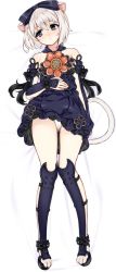 Rule 34 | 10s, 1girl, animal ears, animal hands, bad id, bad twitter id, bare shoulders, bed sheet, black dress, black thighhighs, blade &amp; soul, blue eyes, blush, bow, brown hair, cameltoe, cat ears, detached sleeves, dress, from above, gauntlets, hair between eyes, highres, lying, lyn (blade &amp; soul), on back, panties, parted lips, ribbon, sandals, short dress, short hair, solo, strapless, strapless dress, tama (tamatamo), tassel, thighhighs, underwear, white panties
