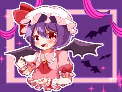 Rule 34 | 1girl, bad id, bad twitter id, bat wings, blouse, brooch, collared shirt, commentary request, cup, eyes visible through hair, fang, glitter, hat, hat ribbon, holding, holding cup, holding plate, jewelry, looking at viewer, mob cap, natsune ilasuto, open mouth, pink shirt, plate, puffy short sleeves, puffy sleeves, purple background, purple hair, red eyes, red neckwear, red ribbon, remilia scarlet, ribbon, ribbon-trimmed sleeves, ribbon trim, shirt, short hair, short sleeves, solo, sparkle, teacup, teeth, tongue, touhou, upper body, upper teeth only, white hat, wings, wrist cuffs