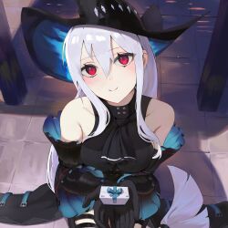 Rule 34 | 1girl, absurdres, arknights, armpit crease, ascot, bare shoulders, belt, belt buckle, black ascot, black belt, black coat, black gloves, black hat, black shirt, black sleeves, black straps, blue belt, blue bow, blush, bow, box, breasts, buckle, buttons, closed mouth, clothing cutout, coat, collarbone, commentary, day, detached sleeves, double-parted bangs, floor, from above, full body, gift, gift box, gift wrapping, gloves, grey hair, hair between eyes, hair flowing over, hair spread out, hands up, hat, hat ornament, head tilt, high collar, highres, holding, holding gift, kneeling, layered sleeves, long bangs, long hair, long sleeves, looking at viewer, looking up, low-tied long hair, medium breasts, multiple belts, multiple thigh straps, official alternate costume, on ground, open hands, outdoors, pleated sleeves, red eyes, seiza, shadow, shirt, sidelocks, sitting, skadi (arknights), skadi (elite ii) (arknights), sleeveless, sleeveless coat, smile, solo, stone floor, straight-on, straight hair, strap, subu art, thigh cutout, thigh strap, turtleneck, underbust, very long hair, wide sleeves, wrapping paper