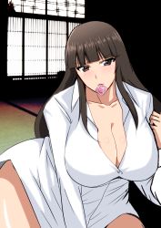 Rule 34 | 1girl, breasts, brown eyes, brown hair, cleavage, condom, condom in mouth, condom wrapper, girls und panzer, hifumi hajime, large breasts, long hair, looking at viewer, mature female, mouth hold, nishizumi shiho, shirt, solo, white shirt