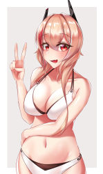 Rule 34 | 1girl, absurdres, airbo, bare shoulders, bikini, blonde hair, blush, breasts, cleavage, collarbone, fang, fang out, feet out of frame, girls&#039; frontline, hand on own hip, hand up, headphones, highres, long hair, looking at viewer, m4 sopmod ii (girls&#039; frontline), medium breasts, multicolored hair, navel, open mouth, red eyes, simple background, smile, solo, standing, swimsuit, v, white bikini