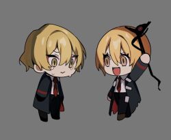 Rule 34 | 1boy, 1girl, :d, black coat, blonde hair, chibi, closed mouth, coat, collared shirt, commentary request, crying, crying with eyes open, don quixote (project moon), grey background, limbus company, long sleeves, mu46016419, necktie, no nose, open clothes, open coat, open mouth, peccatulum irae, project moon, red necktie, shirt, short hair, simple background, sinclair (project moon), smile, tears, white shirt, yellow eyes