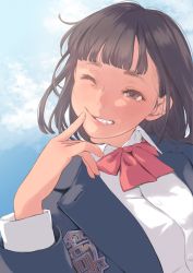 Rule 34 | 1girl, blue jacket, blue sky, blunt bangs, bow, bowtie, brown eyes, brown hair, closed mouth, cloud, collared shirt, comic koh, commentary request, day, fingernails, hand up, highres, jacket, kamo (gafas), long sleeves, one eye closed, original, outdoors, red bow, red bowtie, shirt, sky, solo, wing collar