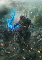 Rule 34 | 3d, building, city, claws, day, debris, destruction, dinosaur, dust, embers, epic, fire, from above, from behind, giant, giant monster, glowing, glowing spikes, godzilla, godzilla (series), godzilla minus one, highres, kaijuu, looking at viewer, looking up, monster, mutant, no humans, official art, open mouth, otani kimito, power lines, promotional art, rubble, ruins, sea monster, sharp teeth, smoke, spikes, tail, teeth, toho
