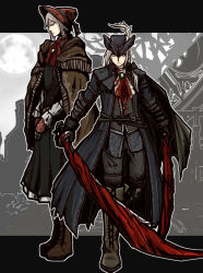 Rule 34 | 2girls, blood, bloodborne, bonnet, boots, coat, doll joints, dress, female focus, full body, hat, joints, lady maria of the astral clocktower, multiple girls, outdoors, partially colored, plain doll, silver hair, sky, sword, weapon