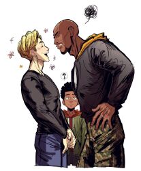 Rule 34 | 3boys, ?, aaron davis, afro, bald, camouflage, camouflage pants, dark-skinned male, dark skin, face-to-face, flower, green jacket, hand on own hip, hood, hoodie, jacket, jungyun99, male focus, marvel, miles morales, multiple boys, open mouth, pants, red hoodie, ripeter (spiderverse), smile, spider-man: into the spider-verse, spider-man (series), spider-verse, squiggle, sweatdrop, uncle and nephew, v arms, white background