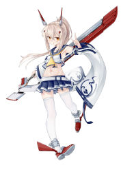 Rule 34 | 1girl, absurdres, armpits, ascot, ayanami (azur lane), azur lane, belt, blue skirt, collarbone, commentary request, detached sleeves, full body, hair between eyes, hair ornament, hairclip, headgear, highres, holding, holding sword, holding weapon, index finger raised, long hair, long sleeves, looking at viewer, navel, orange eyes, parted lips, pleated skirt, ponytail, red footwear, retrofit (azur lane), ribbon-trimmed sleeves, ribbon trim, school uniform, serafuku, sidelocks, silver hair, simple background, skirt, solo, standing, standing on one leg, stomach, sword, thighhighs, thorium, weapon, white background, white thighhighs, wide sleeves, zettai ryouiki