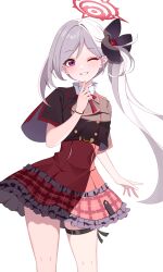Rule 34 | 1girl, absurdres, belt, black belt, black scrunchie, black shirt, blue archive, feet out of frame, frilled skirt, frills, grey hair, grin, hair ornament, hair scrunchie, halo, highres, kenomotsu yukuwa, long hair, looking at viewer, mutsuki (blue archive), one eye closed, purple eyes, red halo, red skirt, scrunchie, shirt, short sleeves, side ponytail, simple background, skirt, smile, solo, thigh strap, white background