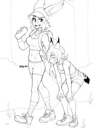 Rule 34 | 2girls, :d, animal ears, artist name, backpack, bag, bare arms, bare shoulders, bike shorts, bottle, breasts, bush, cleavage, commentary, crop top, english commentary, exhausted, grass, greyscale, hands on own knees, hat, highres, holding, holding bottle, kneehighs, leaning forward, medium breasts, midriff, monochrome, multiple girls, navel, nyx (shirudomiriart), open mouth, original, outdoors, rabbit ears, rob ishi, shoes, short hair, short shorts, shorts, smile, sneakers, socks, standing, stomach, sweat, tail, tracie (rob ishi), tree