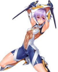 Rule 34 | 1girl, armor, armpits, bare shoulders, bodysuit, boots, breasts, covered collarbone, covered erect nipples, earrings, female focus, from side, full body, greaves, hair between eyes, halterneck, high heel boots, high heels, highres, holding, holding sword, holding weapon, jewelry, legs apart, lilith-soft, nipples, partially visible vulva, shiny skin, short hair, simple background, skin tight, small breasts, smile, solo, stud earrings, sword, taimanin (series), taimanin asagi, taimanin asagi kessen arena, thighhighs, weapon, white background, yanase kyoko, zol