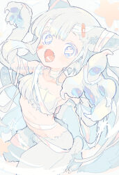 Rule 34 | 1girl, animal ears, animal feet, animal hands, bandages, bandaid, bandaid on face, bandaid on head, blue background, blue eyes, blue fur, blue hair, cat ears, cat girl, cat tail, claw pose, claws, commentary, fangs, full body, hands up, kinutani yutaka, long hair, looking at viewer, monster girl, naked bandage, open mouth, original, solo, squatting, symbol-only commentary, symbol-shaped pupils, tail, tongue, tongue out, very long hair