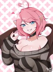 Rule 34 | 1girl, ahoge, artist name, bare shoulders, black choker, blue eyes, breasts, choker, cleavage, collarbone, commentary, commission, english commentary, grin, heart, heart ahoge, highres, large breasts, original, parted lips, pink hair, pointy ears, rukiadaichi, short hair, sleeves past wrists, smile, solo, teeth