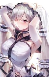 Rule 34 | 1girl, absurdres, armpits, arms behind head, azur lane, black neckwear, blush, breasts, choker, formidable (azur lane), formidable (timeless classics) (azur lane), grey hair, hair over one eye, highres, huge filesize, large breasts, long hair, looking at viewer, official alternate costume, red eyes, simple background, solo, twintails, white background, white choker, yuckpo 55