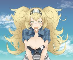 Rule 34 | 1girl, black bra, blonde hair, blue eyes, blue shirt, blue sky, bra, breast pocket, breasts, cleavage, cloud, collared shirt, commentary request, crying, crying with eyes open, day, dirt, gambier bay (kancolle), hairband, kantai collection, large breasts, looking at viewer, multicolored hairband, open mouth, outdoors, pocket, shirt, sky, solo, star (symbol), star print, tearing up, tears, tenbin kurashi, torn clothes, twintails, underwear