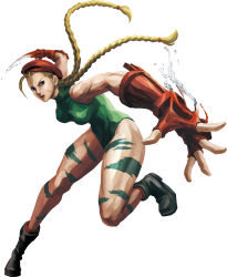 Rule 34 | absurdres, beret, blonde hair, blue eyes, boots, braid, cammy white, camouflage, capcom, fingerless gloves, gloves, hat, highres, leotard, long hair, muscular, official art, simple background, street fighter, street fighter x tekken, twin braids, white background