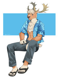 Rule 34 | 1boy, abs, animal ears, antlers, bara, black nails, blue background, blue eyes, blue shirt, blush, border, brown fur, chest tuft, commentary, deer ears, deer tail, flip-flops, full body, furry, furry male, hand on own leg, harukaze (harukaze110), hawaiian shirt, highres, horns, light brown hair, looking to the side, male focus, muscular, muscular male, open mouth, outside border, pants, reindeer antlers, reindeer boy, sandals, shirt, short hair, solo, tail, thick eyebrows, tokyo houkago summoners, twitter username, two-tone fur, white border, yule (housamo)