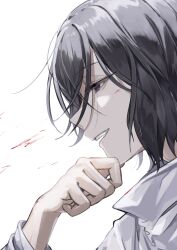 Rule 34 | 1boy, absurdres, black hair, blood, blood on face, bungou stray dogs, commentary request, from side, fyodor dostoyevsky (bungou stray dogs), hand on own chin, hand up, highres, long sleeves, male focus, open mouth, purple eyes, shirt, short hair, simple background, smile, solo, teeth, upper body, white background, white shirt, yuukiti