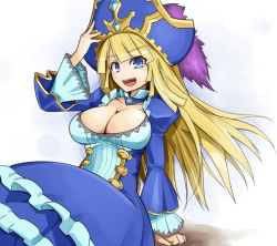 Rule 34 | 1girl, awilda (p&amp;d), blonde hair, blue dress, blue eyes, breasts, cleavage, dress, hat, large breasts, long hair, memento vivi, open mouth, pirate hat, puzzle &amp; dragons, smile, solo
