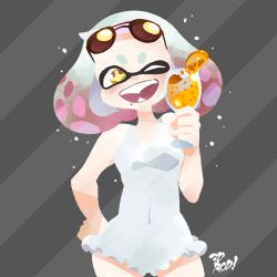 Rule 34 | + +, 1girl, 3d rod!, ;d, artist name, bare arms, bare shoulders, covered navel, cup, drinking glass, eyewear on head, fangs, food, fruit, grey background, hand on own hip, hand up, holding, holding cup, holding drinking glass, inkling, jacket, juice, looking at viewer, medium hair, mole, mole under mouth, multicolored hair, nintendo, official style, one-piece swimsuit, one eye closed, open mouth, orange (fruit), orange jacket, orange juice, orange slice, pearl (splatoon), pink hair, smile, solo, splatoon (series), splatoon 2, standing, striped, striped background, sunglasses, swimsuit, tentacle hair, upper body, white hair, white one-piece swimsuit