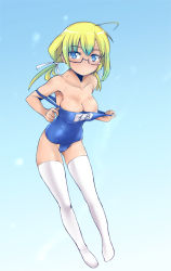 Rule 34 | 10s, 1girl, ahoge, blonde hair, blue eyes, blue one-piece swimsuit, blush, breasts, cleavage, ez6, full-face blush, glasses, gradient background, hair ribbon, i-8 (kancolle), kantai collection, large breasts, long hair, low twintails, off shoulder, one-piece swimsuit, ribbon, school swimsuit, semi-rimless eyewear, solo, strap slip, swimsuit, thighhighs, twintails, under-rim eyewear, undressing, white thighhighs