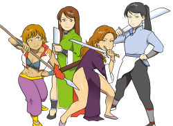 Rule 34 | 4girls, black eyes, black hair, brown eyes, brown hair, cao li, china dress, chinese clothes, dagger, dao (weapon), dress, earrings, fighting stance, guan cai-he, highres, jewelry, knife, liu mei-xing, long hair, looking at viewer, multiple girls, muscular, muscular female, nappii (nappy happy), no panties, original, pants, pelvic curtain, polearm, ponytail, qiang (weapon), shiny skin, short hair, short sword, side slit, simple background, slippers, smile, spear, sword, thick thighs, thighs, vest, weapon, white background, zhang yan-hua