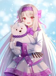 Rule 34 | 1girl, :d, ainu clothes, black pantyhose, blue sky, blush, bow, character doll, day, fate/grand order, fate (series), fingerless gloves, fingernails, gloves, hair between eyes, hair bow, hairband, highres, illyasviel von einzbern, light brown hair, long hair, long sleeves, looking at viewer, nasii, hugging object, open mouth, outdoors, pantyhose, pink bow, pink hairband, purple gloves, red eyes, revision, shirou (bear) (fate), sidelocks, sitonai (fate), sky, smile, snow, solo, stuffed animal, stuffed toy, teddy bear, very long hair, wide sleeves