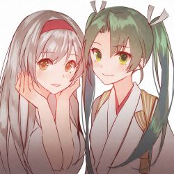 Rule 34 | 2girls, brown eyes, dark green hair, green eyes, hairband, hands on own face, japanese clothes, kantai collection, kasumi (skchkko), long hair, looking at viewer, multiple girls, red hairband, shoukaku (kancolle), silver hair, simple background, smile, tasuki, twintails, upper body, white background, zuikaku (kancolle), zuikaku kai ni (kancolle)