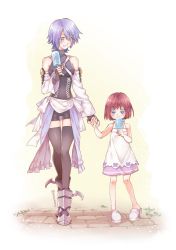 Rule 34 | 2girls, age difference, aged down, anakris, aqua (kingdom hearts), artist name, bare arms, bare shoulders, bike shorts, black legwear, blue eyes, blue hair, blush, breasts, child, detached sleeves, dress, eating, facing another, fingerless gloves, food, full body, gloves, grass, hand up, happy, height difference, highres, holding, holding food, holding hands, holding ice cream, ice cream, kairi (kingdom hearts), kingdom hearts, kingdom hearts birth by sleep, light blush, looking at another, looking down, medium breasts, multiple girls, open mouth, outdoors, parted lips, popsicle, red hair, road, sandals, sash, shadow, shoes, short dress, short hair, short shorts, shorts, simple background, sleeveless, sleeveless dress, smile, strap, street, teeth, thigh gap, thighhighs, twitter username, walking