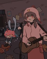 Rule 34 | 2girls, black dress, blush, breaking, broken, broken guitar, brown hair, character request, closed eyes, commentary request, dress, hair ornament, hairclip, highres, indoors, iwakura lain, jacket, long sleeves, microphone, microphone stand, multiple girls, nzzcsm, pink jacket, playing guitar, red eyes, red hair, scarf, serial experiments lain, short hair, single sidelock, stuffed animal, stuffed toy, teddy bear, x hair ornament