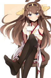 Rule 34 | 10s, 1girl, ahoge, blue eyes, brown hair, cup, feet, hairband, headgear, highres, japanese clothes, kantai collection, kongou (kancolle), crossed legs, long hair, nel-c, nontraditional miko, skirt, smile, solo, teacup, thighhighs