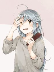 Rule 34 | 1girl, :o, ahoge, alternate costume, bad id, bad twitter id, brown eyes, comb, grey hair, hamanami (kancolle), highres, holding, holding comb, kantai collection, long hair, messy hair, miroku san-ju, pajamas, simple background, solo, upper body, wavy mouth