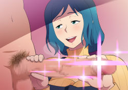 Rule 34 | 1girl, apron, blue hair, blush, breath, censored, clothed female nude male, green eyes, gundam, gundam build fighters, half-closed eyes, heavy breathing, iori rinko, large penis, long hair, looking at another, low ponytail, male pubic hair, mature female, mosaic censoring, naughty face, navel, nude, open mouth, penis, penis awe, penis grab, ponytail, pubic hair, ribbed sweater, simple background, smile, solo focus, sparkle, standing, sweater, testicles, tetrodotoxin, turtleneck, turtleneck sweater, upper body
