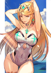 Rule 34 | 1girl, armpits, arms behind head, arms up, bare shoulders, blonde hair, blue sky, breasts, chest jewel, choker, cleavage, collarbone, covered navel, earrings, highleg, highleg swimsuit, hungry clicker, jewelry, large breasts, long hair, looking at viewer, mythra (radiant beach) (xenoblade), mythra (xenoblade), one-piece swimsuit, sky, smile, solo, swept bangs, swimsuit, thighs, tiara, white one-piece swimsuit, xenoblade chronicles (series), xenoblade chronicles 2, yellow eyes