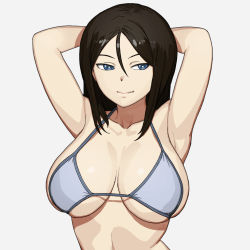 Rule 34 | 1girl, absurdres, armpits, arms behind head, bikini, black hair, blue eyes, breasts, cleavage, closed mouth, girls und panzer, grey bikini, highres, large breasts, nonna (girls und panzer), onsen tamago (hs egg), simple background, smile, solo, swimsuit, upper body, white background