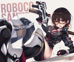 Rule 34 | 1girl, black-framed eyewear, breasts, brown eyes, brown hair, camouflage, cleavage, collarbone, fukai ryosuke, glasses, gun, holding, holding gun, holding weapon, hololive, large breasts, looking at viewer, mechanical arms, multicolored hair, navel, open mouth, red hair, roboco-san, roboco-san (1st costume), short sleeves, solo, streaked hair, virtual youtuber, weapon, zipper, zipper pull tab