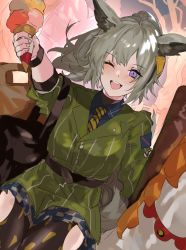 Rule 34 | 1girl, animal ears, aogisa, arknights, bad id, bad twitter id, black pantyhose, blue shirt, checkered clothes, checkered skirt, collared shirt, food, grani (arknights), grani (miraculous moment) (arknights), green jacket, grey hair, highres, hip vent, horse ears, horse girl, horse tail, ice cream, ice cream cone, jacket, long sleeves, official alternate costume, one eye closed, open mouth, pantyhose, print pantyhose, purple eyes, shirt, sitting, skirt, smile, solo, tail, triple scoop