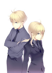 Rule 34 | 1boy, 1girl, absurdres, ahoge, arthur pendragon (fate), artoria pendragon (all), artoria pendragon (fate), blonde hair, blue eyes, crossed arms, dual persona, fate/prototype, fate/zero, fate (series), formal, highres, liang, long hair, necktie, pant suit, pants, ponytail, saber (fate), suit
