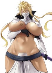 Rule 34 | 1girl, absurdres, arm under breasts, arrancar, black gloves, bleach, blonde hair, breast tattoo, breasts, commentary, cowboy shot, cropped jacket, crossed bangs, dark-skinned female, dark skin, english commentary, gloves, highres, hip vent, holding, holding sword, holding weapon, huge breasts, jacket, long hair, long sleeves, looking at viewer, mask, navel, number tattoo, puzenketsu, revealing clothes, solo, sword, tattoo, thighs, tier harribel, tri tails, underboob, weapon, white background, white jacket