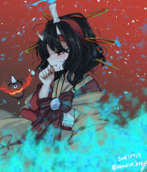 Rule 34 | 1other, androgynous, black hair, candle, fangs, fire, fire, ghost, ghost tail, hairband, highres, horns, japanese clothes, kimono, lamp, len&#039;en, ougi hina, red eyes, short hair, solo, taira no chouki, tears