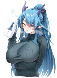 Rule 34 | 1girl, :q, alternate costume, arknights, arm under breasts, black bow, blue eyes, blue hair, blue horns, blue skin, blush, bottle, bow, breasts, colored skin, commentary request, dragon girl, dragon horns, grey sweater, hair bow, heavy breathing, highres, holding, holding bottle, horn/wood, horns, huge breasts, ling (arknights), long hair, long sleeves, looking at viewer, nose blush, one eye closed, parted bangs, pointy ears, ponytail, ribbed sweater, sake bottle, simple background, solo, squeans, sweater, tongue, tongue out, upper body, white background